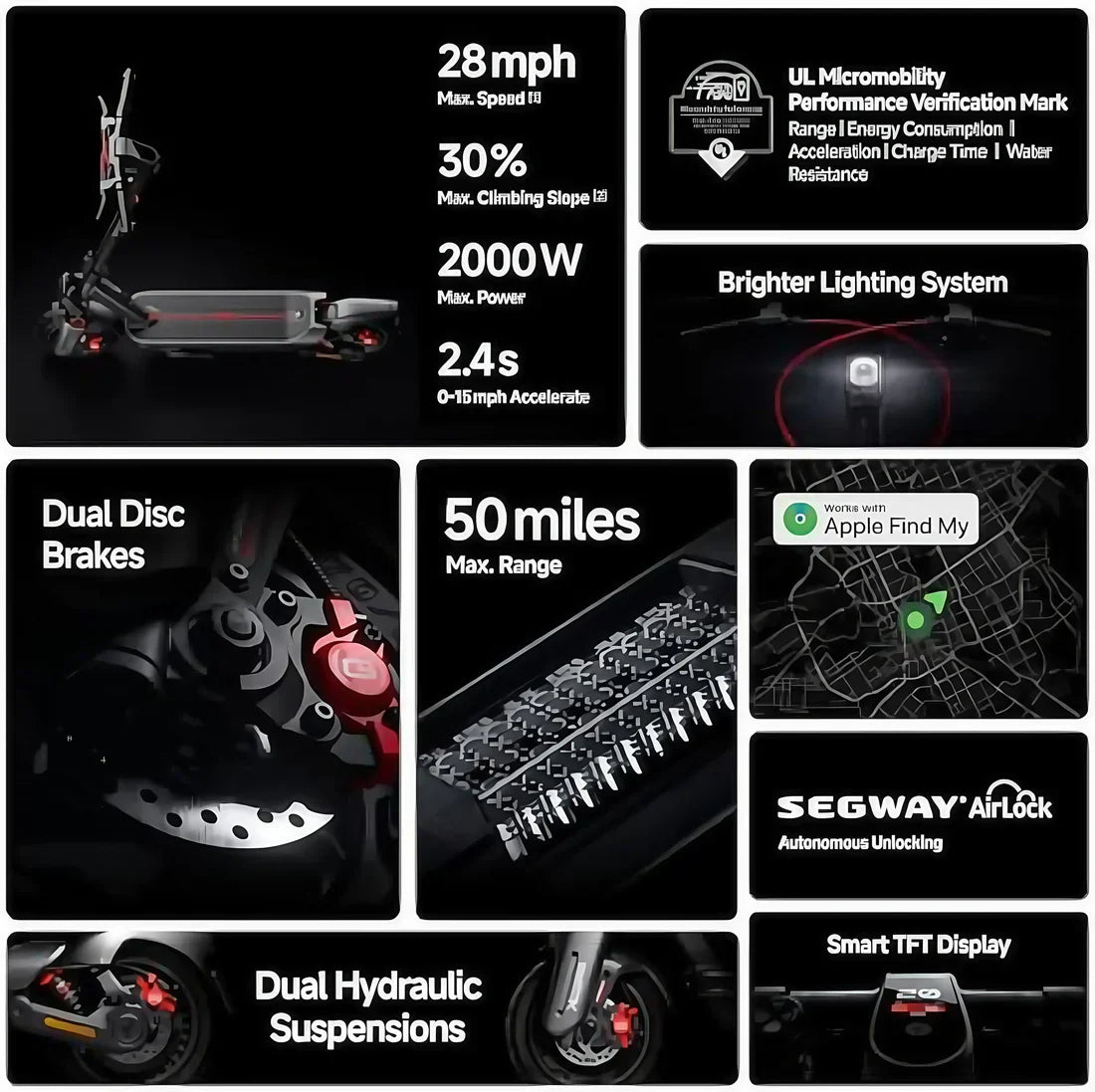 G3 Electric Scooter - 50mi Range, 28mph, 2000W Dual Suspension | Smart TFT Display, Apple Find My, Fast Charge, Self-Sealing Tires